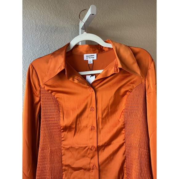 The Drop x Aissata Diallo Orange Smocked Satin Button Down Shirt Small NEW - Picture 7 of 10